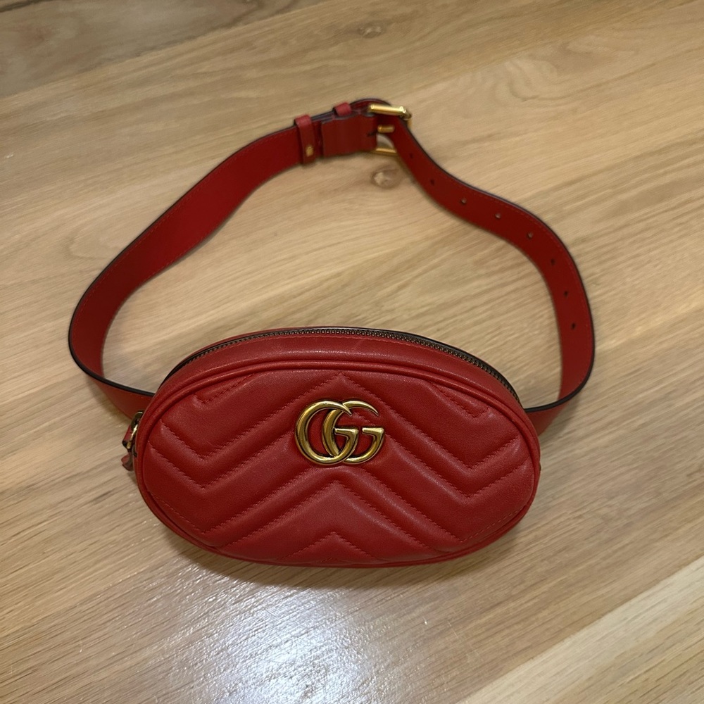 Gucci GG Marmont Red Leather Belt Bag, Oval